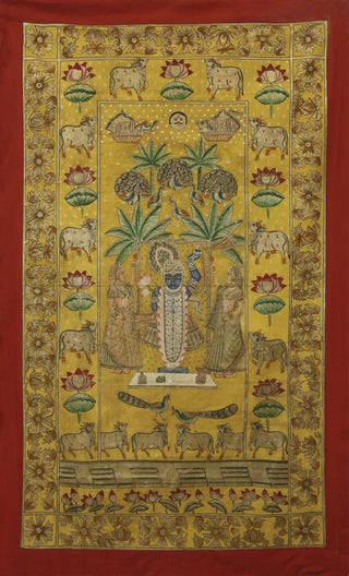 Hand-painted Pichwai Painting of Lord Shrinathji surrounded by lotuses and cows