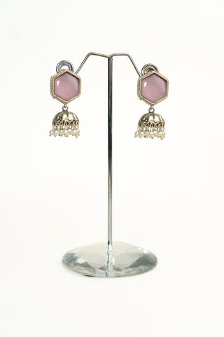 Lightweight silver replica jhumka earrings with a hexagonal pink stone and delicate white pearls