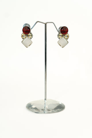 Silver replica stud drop earrings with a round red cabochon top, small kundan accents and a white diamond-shaped drop