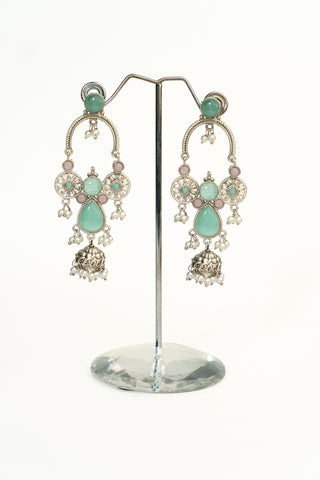 Silver replica chandelier earrings with pastel aqua green and pink stones in an arch, pearl dangles and a mini jhumka