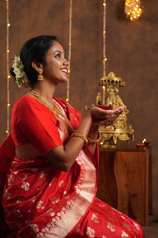 Bright Red Banarasi Pure Silk saree