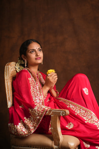 Bright Red Crepe Silk saree (Made to Order)