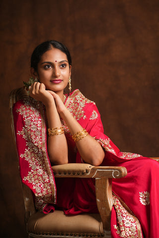 Bright Red Crepe Silk saree (Made to Order)