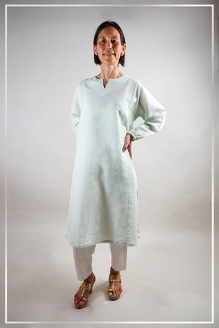 Light Mint Linen Kurti - Straight Cut Linen Tunic with Side Slits