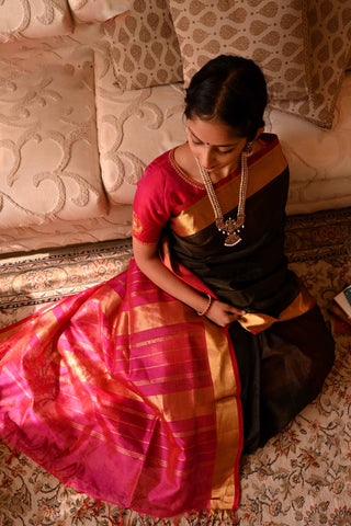 Dark Brown and Pink Silk Cotton Saree