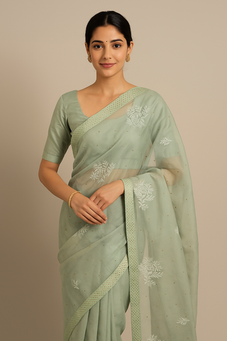 Mint Green and Cream Organza Chikankari Saree with White Floral Embroidery