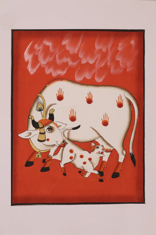 Hand-painted Pichwai Painting of Cow & Calf