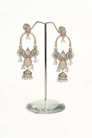 Silver replica chandelier earrings with soft pastel pink stones, aqua accents, pearl dangles and a mini jhumka drop