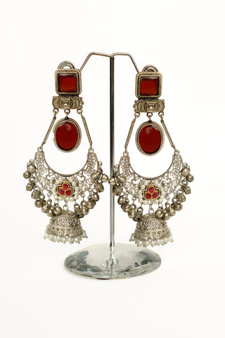 Silver replica chandbali earrings with square and oval maroon stones, ghungroo beads, pearls and a small jhumka drop
