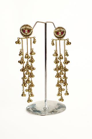 Antique golden brass long earrings with a pearl-bordered lotus stud, kundan centre and chain strands with ghungroo bells