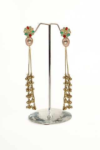 Golden brass long tassel earrings with a multi-colour floral stud, soft pink cabochon and ghungroo bell dangles