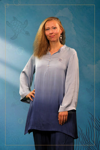 Ombre Blue Modal Satin Coord Set with Turtle Embroidery and Pearl Buttons