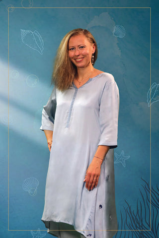 Ocean Blue Modal Satin Coord Set with Embroidered Sea Creatures and Asymmetric Hem