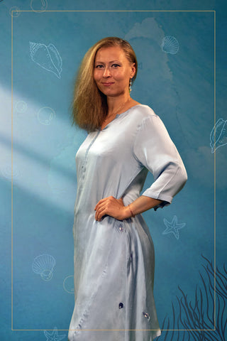 Ocean Blue Modal Satin Coord Set with Embroidered Sea Creatures and Asymmetric Hem