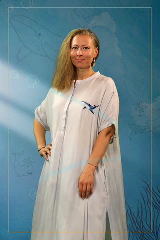 Light Blue Modal Satin Kurta Set with Whale Embroidery and Button Detail