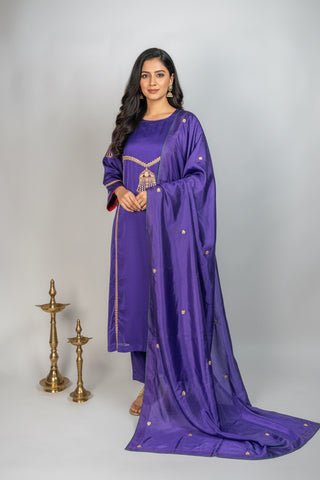 Purple Tanjore Modal Silk Kurti Pant Dupatta Set with Hand Embroidered Zardozi and Stone Work