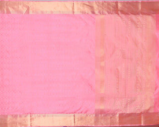 Soft pink handwoven pure silk saree with oval matrix pattern and gold zari striped pallu