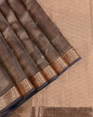 Handwoven metallic grey blue Banarasi Kora tissue saree with sona rupa ashrafi coin motifs and gold zari diamond lattice pallu