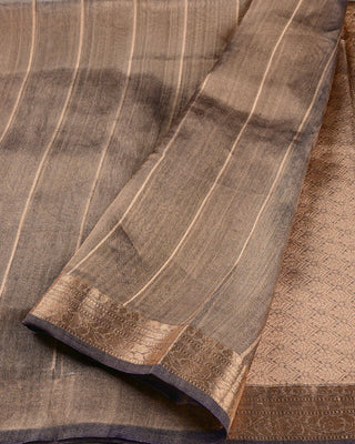 Handwoven metallic grey blue Banarasi Kora tissue saree with sona rupa ashrafi coin motifs and gold zari diamond lattice pallu