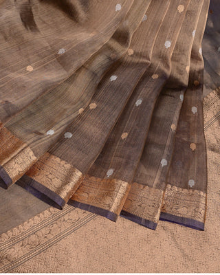 Handwoven metallic grey blue Banarasi Kora tissue saree with sona rupa ashrafi coin motifs and gold zari diamond lattice pallu