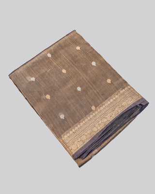 Handwoven metallic grey blue Banarasi Kora tissue saree with sona rupa ashrafi coin motifs and gold zari diamond lattice pallu