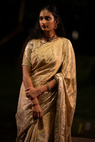 Golden and Silver Striped Chanderi Tissue Silk Saree