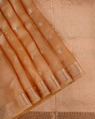 Gold handwoven Banarasi Kora tissue silk saree with sona rupa gold silver zari leaf floral buttas and brocade mesh pallu