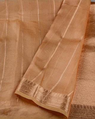 Gold handwoven Banarasi Kora tissue silk saree with sona rupa gold silver zari leaf floral buttas and brocade mesh pallu