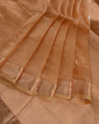 Gold handwoven Banarasi Kora tissue silk saree with sona rupa gold silver zari leaf floral buttas and brocade mesh pallu