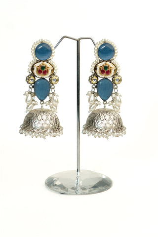 Dual-tier oxidised silver replica jhumkas with powder blue stones, pink and green accents and pearl borders