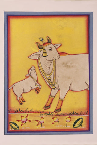 Hand-painted Cow & Calf with Lotus  Pichwai painting