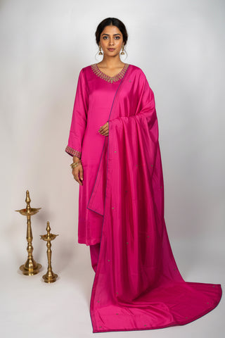 Bright Pink Tanjore Modal Silk Suit with Pant and Dupatta Featuring Hand Embroidered Zardozi and Stone Work