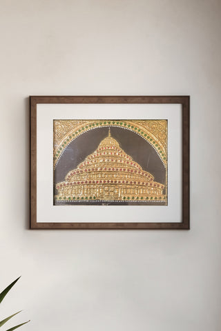 Tanjore painting of Vishalakshi Mantap with gold leaf and semi-precious stones	