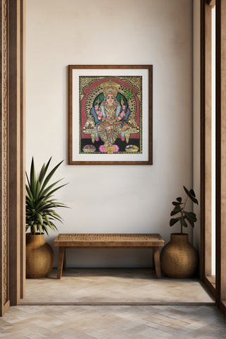 Golden Kamakshi Tanjore painting with 22K gold leaf and Gesso details	