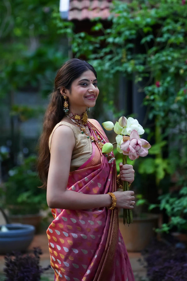 Light Pink Tissue Handloom Silk Kanchipuram Saree