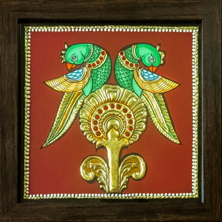 Tanjore painting of twin parrots with gold leaf and semi-precious stones	