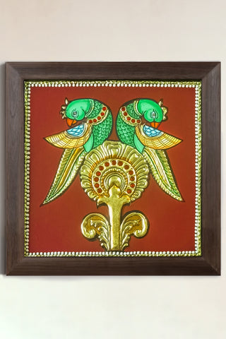 Tanjore painting of twin parrots with gold leaf and semi-precious stones	
