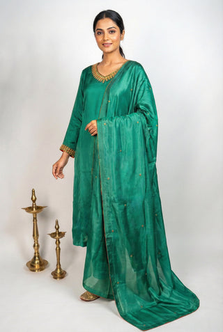 Emerald Green Tanjore Modal Silk Suit with Guttapusalu Embroidery and Brocade Borders