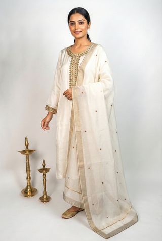 White Tanjore Modal Silk Kurti Pant Dupatta Set with Hand Embroidered Zardozi and Stone Work