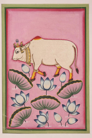 Hand-painted Pichwai Painting of Dhenu with Lotus (Light pink)