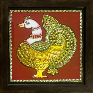 Royal peacock Tanjore painting with 22K gold leaf and 3D Gesso work	