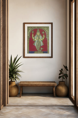 Handcrafted Matsya Avatar Tanjore painting with 22K gold foil and Gesso work	