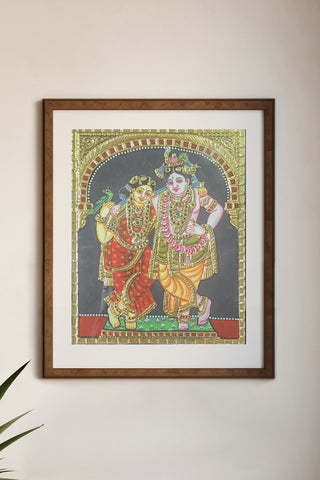 Hand-painted Radha Krishna Tanjore painting with parrot and gold leaf	