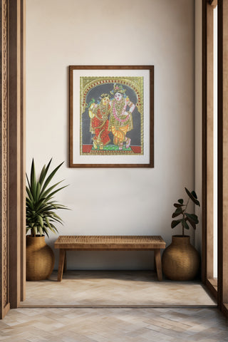 Hand-painted Radha Krishna Tanjore painting with parrot and gold leaf	