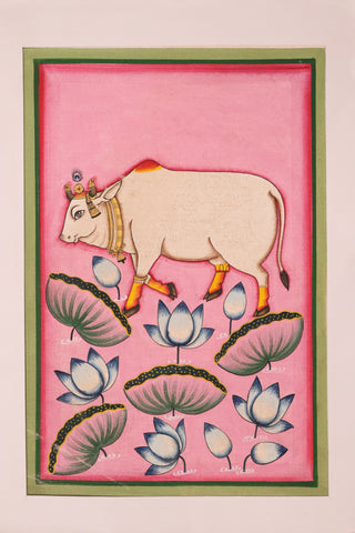 Hand-painted Dhenu with Lotus Pichwai painting