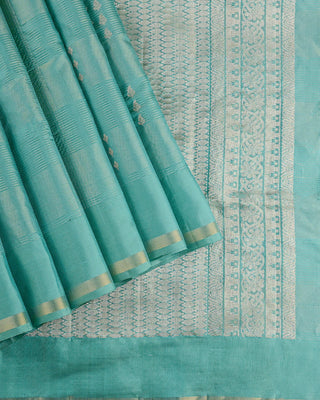 Sea green soft silk saree with dual zari check pattern and heavy brocade pallu