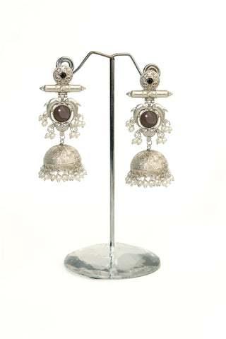 Tribal oxidised silver replica long jhumkas with a heart-framed maroon cabochon stone and dangling pearls