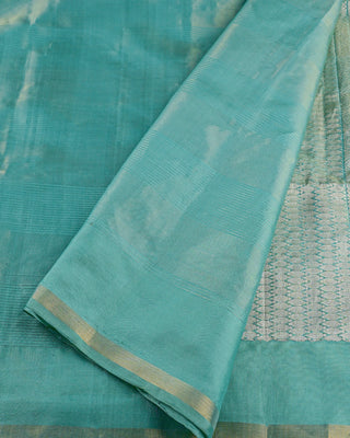 Sea green soft silk saree with dual zari check pattern and heavy brocade pallu
