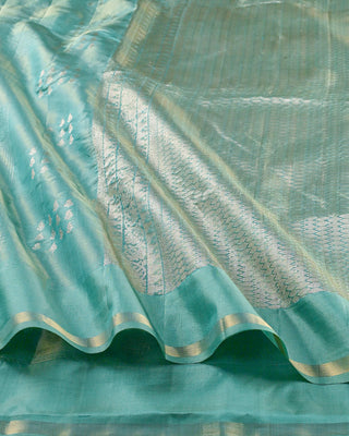 Sea green soft silk saree with dual zari check pattern and heavy brocade pallu