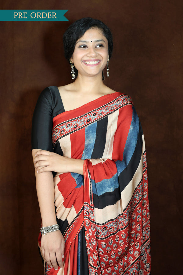 Red & Blue Modal Silk Ajrakh saree